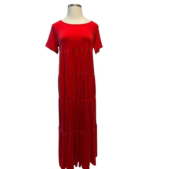 Zenana Red Tiered Maxi‎ Dress 1X Plus-Size Short Sleeve - Picture 2 of 3
